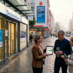 Das Bild zeigt eine Reporterin die auf der Straße, vor der Deutschen Bank, eine Umfrage zur Rente in Deutschland führt.